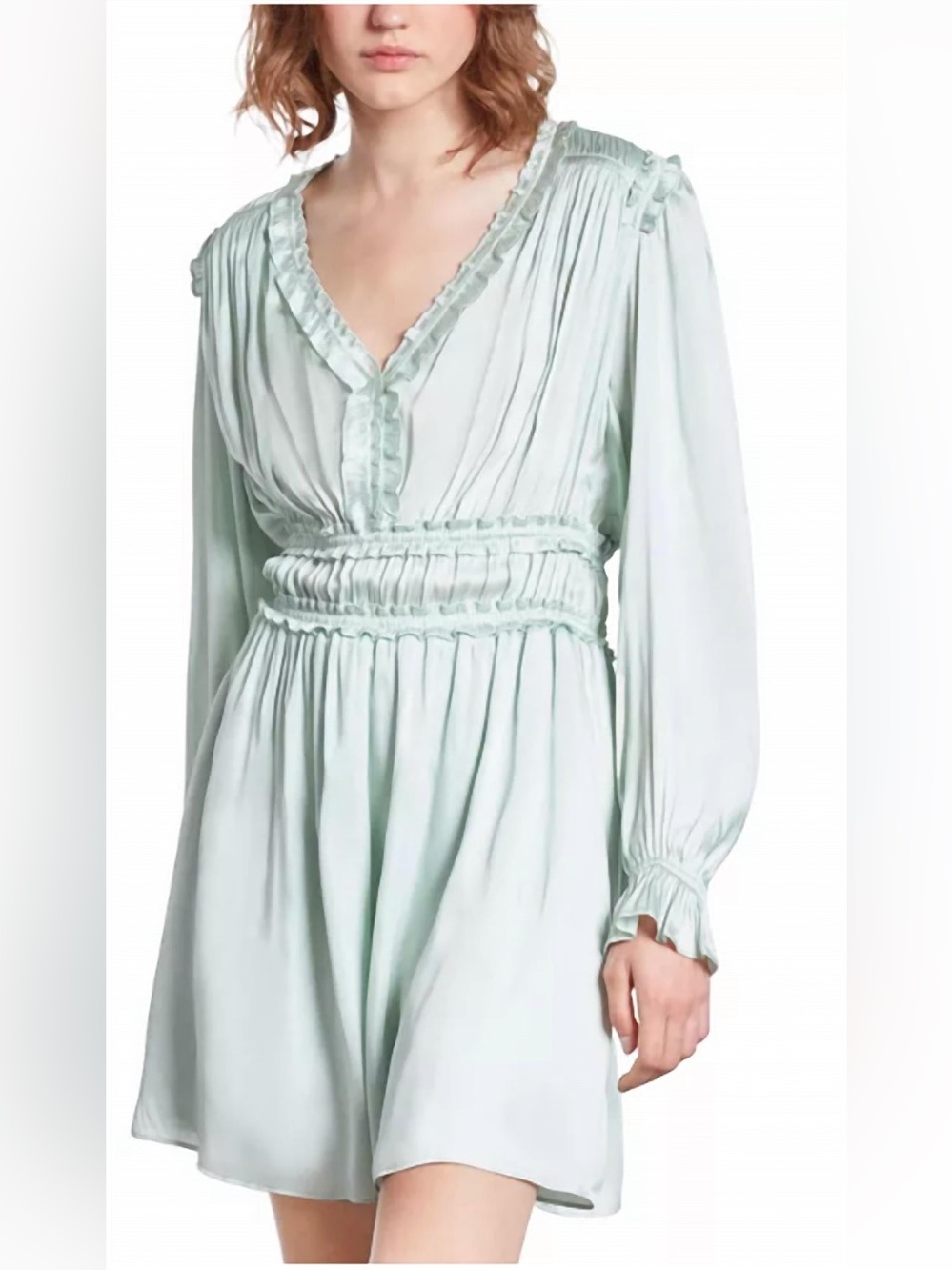 The Kooples NWT Mint Green Pleated Ruffle Satin Mini Dress Size 3 $275